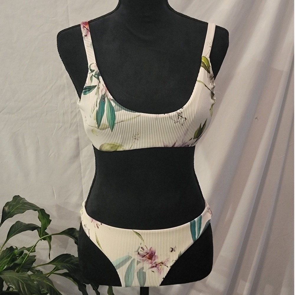 Floral Ribbed Bikini‎ Set Cream Scoop Neck Bralette Two Piece Swimsuit